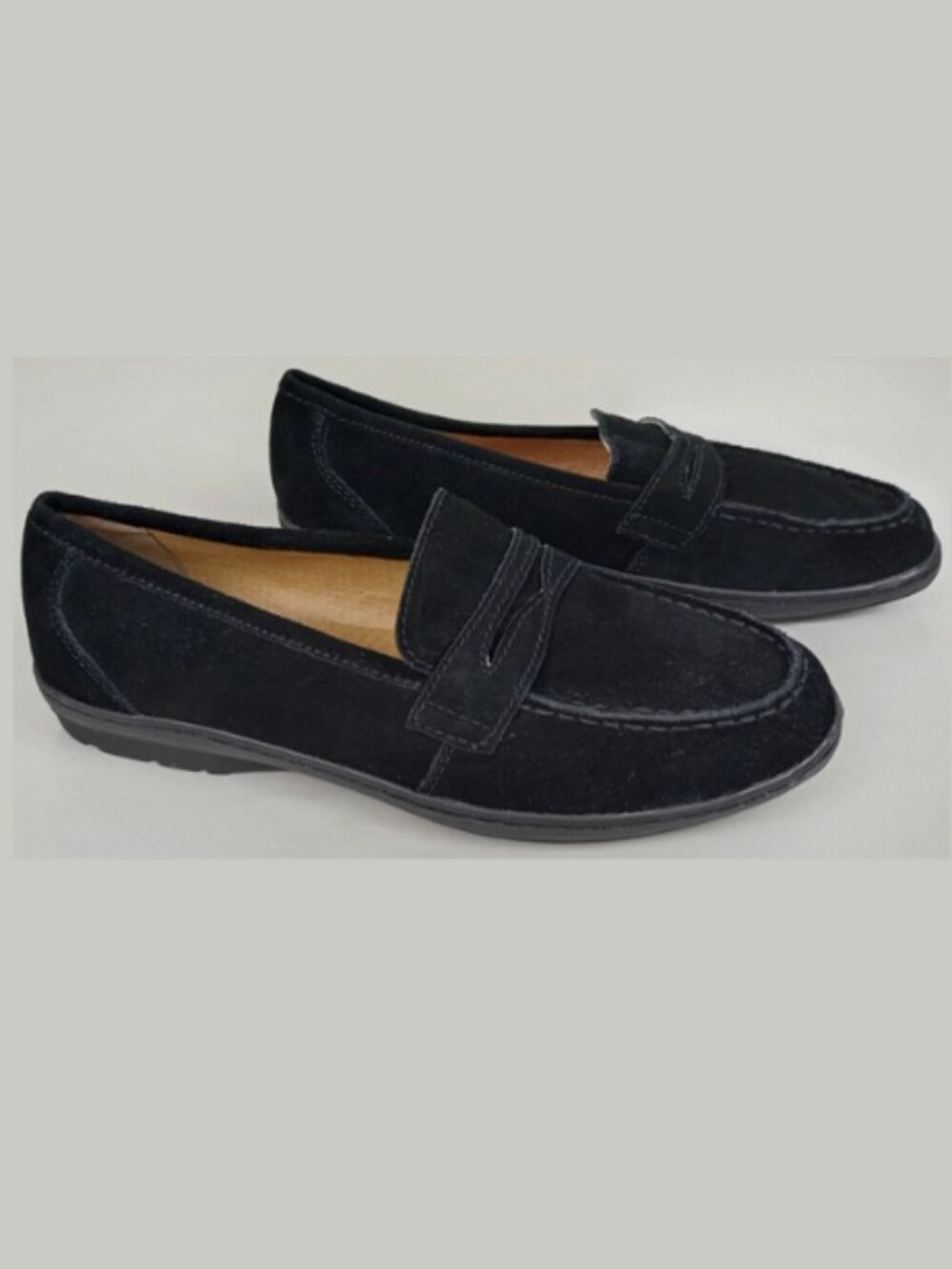 Lands End Womens 8b Black Suede Velour Round Toe Flat Penny Loafers Shoes